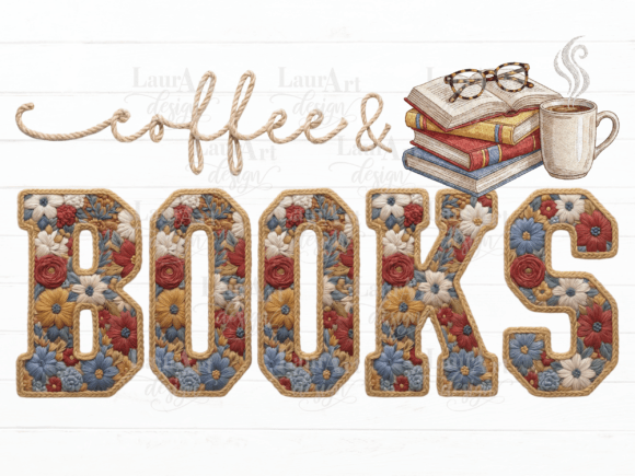 Download Coffee and Books Floral Embroidery PNG - Floral Collection