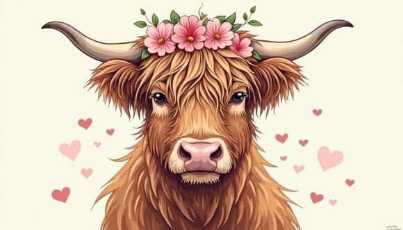 Download 🐄 Love-themed Highland Cow with Floral - Floral Collection