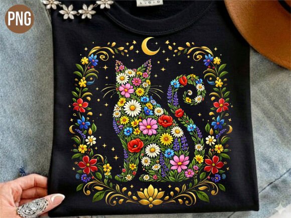 Download Floral Cat Moon Silhouette PNG, CAT PNG - Floral Collection